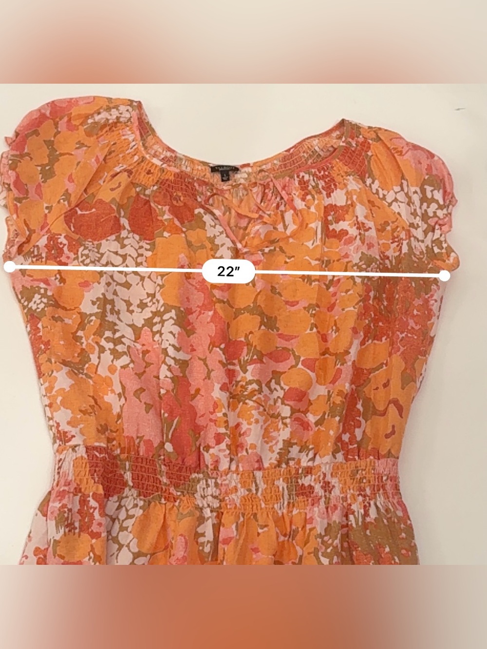 Talbots Silk Floral Dress Orange Pink Smocked Waist Cap Sleeve L - Picture 9 of 10